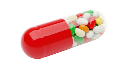 Isolated red capsule with candy, medication, drug, prescription pill for human health