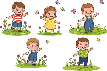 Cartoon children playing outdoors with butterflies, flowers, and grassy meadows in cheerful nature scene promoting joy, freedom, and exploration