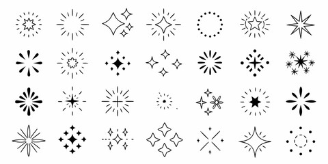 Collection of hand drawn starbursts sparkles and star shapes for design elements and decorations