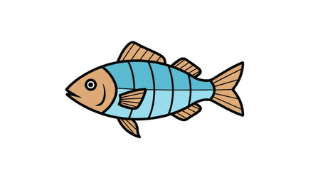 Isolated Cartoon Fish, Light Blue Colored Body and Tan Fins, Side View, Simple Children Style