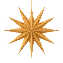 Golden glitter star ornament on transparent background