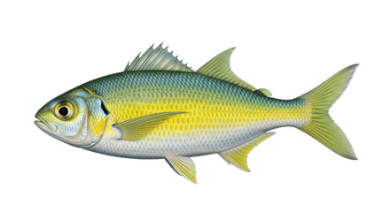 Isolated illustration of a yellow and silver pompano fish swimming against a blank backdrop