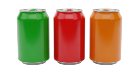 Isolated cans of soda pop or soft drink in vivid bright colors on neutral surface