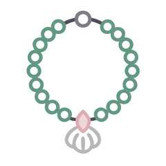 Vector art of a simple, flat design illustration of a green beaded necklace with a pink and grey shell pendant, isolated on a, representing jewelry and fashion accessories