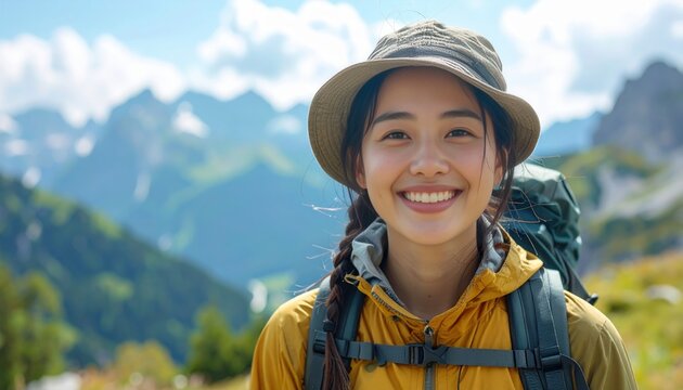Adventure hiking in the majestic alps smiling girl with backpack nature photography scenic landscape bright day travel inspiration