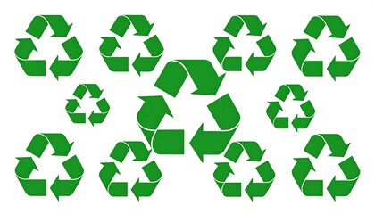 Obraz premium A collection of green recycling symbols arranged in a pattern against a white background, promoting environmental awareness