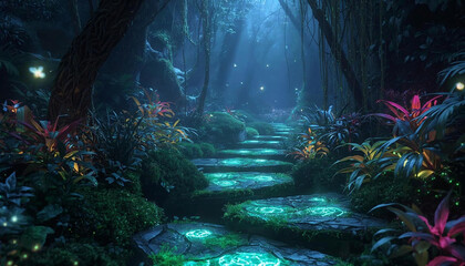 Journey along a luminous stone pathway winding through a mysterious and bioluminescent fantasy jungle at night
