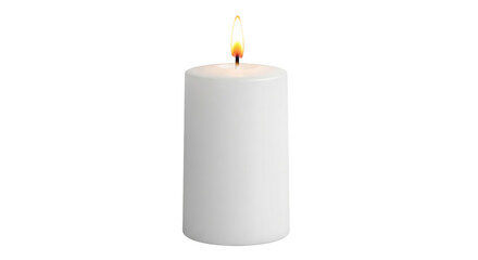 Isolated white candle with a flickering flame casting a warm glow in a simple design