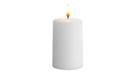 Isolated white candle with a flickering flame casting a warm glow in a simple design