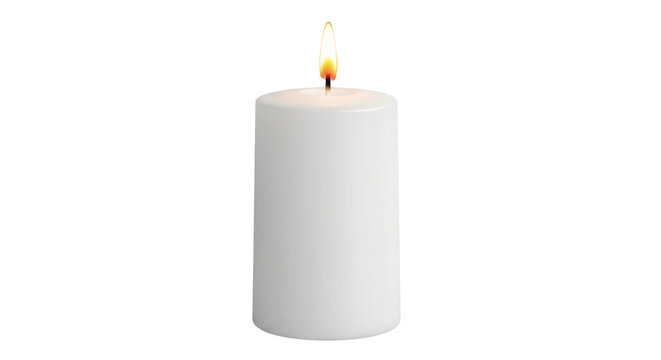 Isolated white candle with a flickering flame casting a warm glow in a simple design