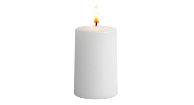 Isolated white candle with a flickering flame casting a warm glow in a simple design