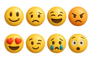Set of eight diverse emoji faces expressing various emotions