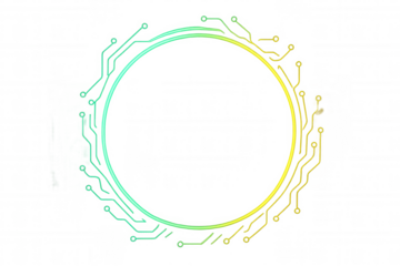Digital circuit board graphic forming an abstract glowing gradient neon border frame, representing technology and connection. Background is transparent