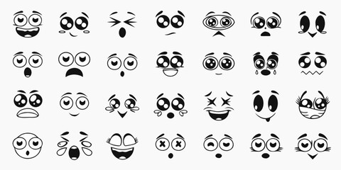 Collection of diverse cartoon facial expressions and emotions in black and white vector art © Bijon