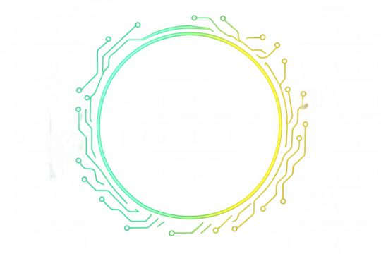 Digital circuit board graphic forming an abstract glowing gradient neon border frame, representing technology and connection. Background is transparent
