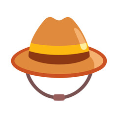 Vector art of a stylish brown fedora hat with a yellow and brown band, isolated on a, perfect for fashion, travel, or adventure themes