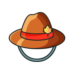 Illustration of a brown ranger hat with a red band and a yellow maple leaf emblem