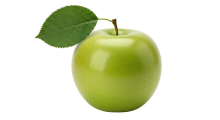 Isolated shiny green apple with a leaf, a popular fruit, natural healthy nutrition source
