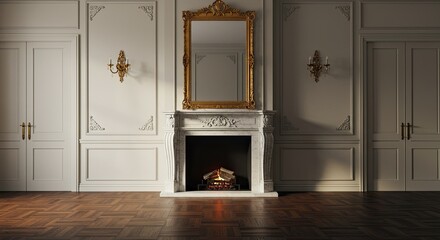 Elegant living room with fireplace, mirror, and classic paneling design features a luxurious
