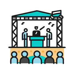 Vector art of a performance on stage with a conductor and musicians, and an audience watching from below, depicted in a simple, modern iconographic style