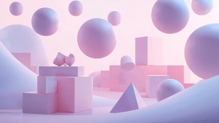Fototapeta premium Abstract modern art composition featuring smooth 3D geometrical shapes floating in a surreal, dreamlike pastel gradient atmosphere