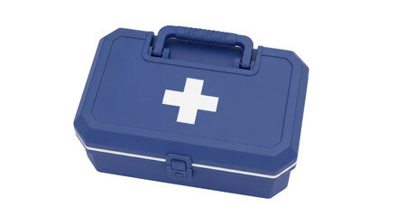 Isolated blue plastic first aid kit with a white plus sign on top, emergency preparedness