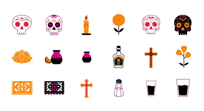 A vibrant collection of flat design icons representing the traditional elements and symbols of the Mexican Day of the Dead celebration - Powered by Adobe
