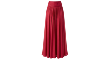 Isolated red maxi skirt with pleated detail, stylish flowing apparel for fashion design