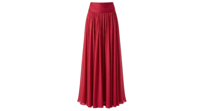 Isolated red maxi skirt with pleated detail, stylish flowing apparel for fashion design