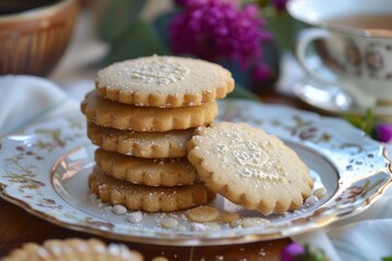 Delicious homemade shortbread cookies dusted with powdered sugar, resting on a beautifully decorated vintage plate, ready for teatime