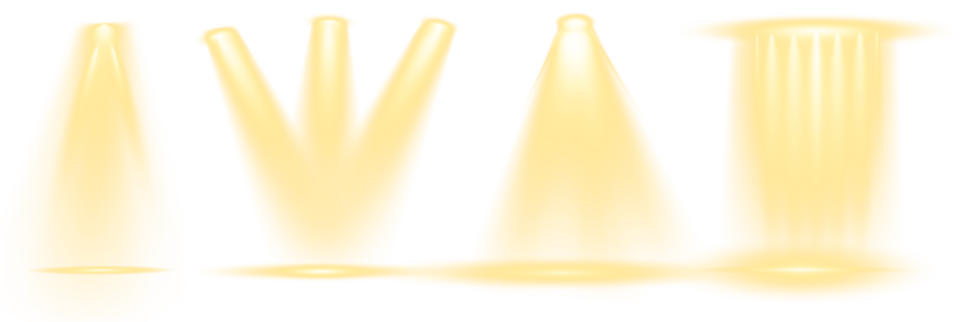 PNG pack of glowing yellow spotlights. Bright beams and luminous rays form a warm radiant glow. Beautiful light effect for stage lighting, party decorations, or digital artwork.