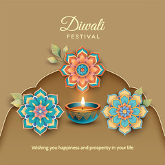 Diwali Poster Template with Diya lamps. Paper-cut ethnic-style arch and mandala rangoli flowers