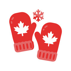 Fototapeta premium Vector art of pair of red mittens with white canadian maple leaf symbol and a snowflake above