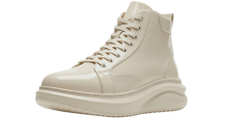 Isolated beige leather hi-top sneaker with elevated platform sole, fashion footwear for women