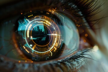 Close up of a futuristic bionic eye scanning a city skyline, showcasing advanced technology