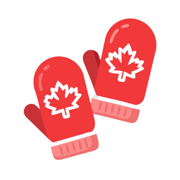 Vector art of pair of red mittens with canadian maple leaf symbol, , representing winter warmth and canadian identity