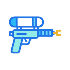 Vector art of a stylized, flat design illustration of a blue and light blue water gun with a yellow nozzle, isolated on a, representing summer fun and outdoor play