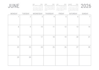 June Calendar 2026 Monthly Planner Printable A4 Monday Start	