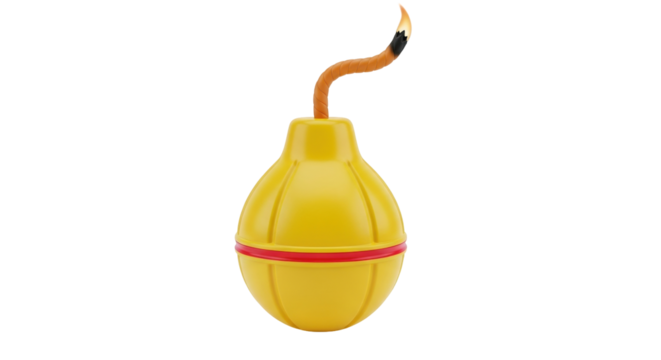 Isolated antique-style toy bomb with burning fuse, yellow and red color, for decoration or play
