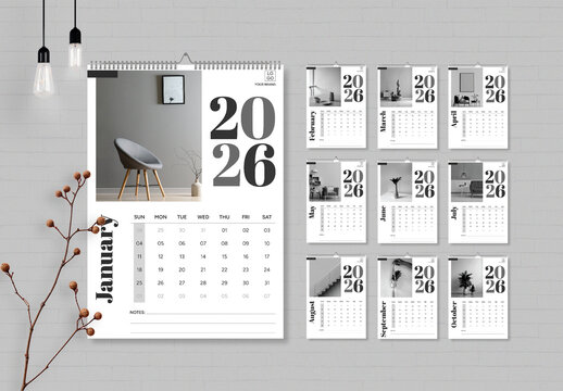 2026 Wall Grayscale Art Calendar Template