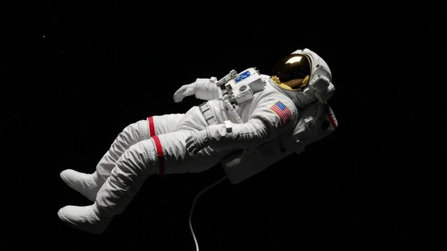 solitary astronaut in bright white suit with red stripes and reflective gold visor drifts weightlessly against the dark star-dusted expanse of space Intricate suit details are visible