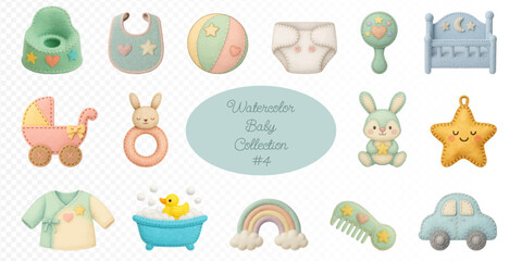 Watercolor baby collection with crib, stroller, bunny, star, rainbow, car, diaper, bib, rattle, bath with duck, clothes, and toys in soft pastel mint and yellow tones for nursery design. Vector illust