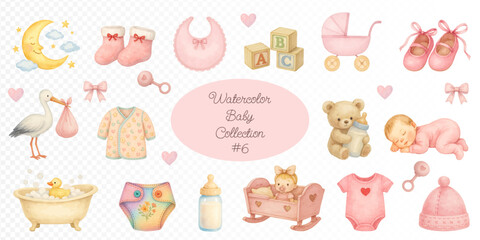 Watercolor baby girl collection with pink stroller, bib, shoes, teddy bear, moon, bath, bottle, diaper, crib, bodysuit, hat, and cute newborn elements in soft pastel tones for nursery decor. Vector il