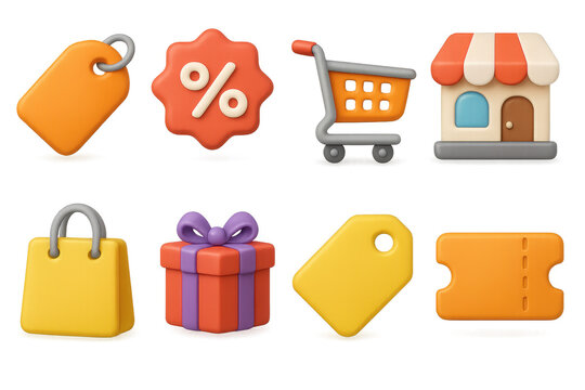 Colorful shopping icons set: cart, tags, storefront, gift, bag, ticket, discount symbol