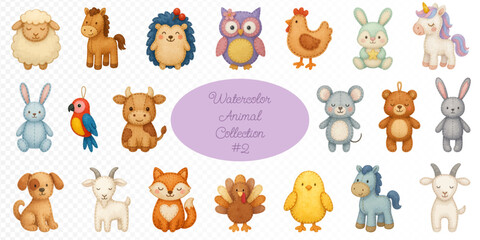 Adorable watercolor animal collection with cute bunny, fox, bear, hedgehog, owl, chick, unicorn, puppy, goat, horse, and parrot in soft pastel tones. Perfect for nursery decor and kids design. Vector 