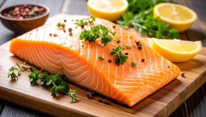 Raw salmon fillet on cutting board