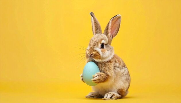 A small bunny holds an Easter egg on a flat background, ready for personalization