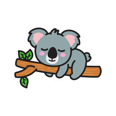 Pixel Art Koala Sleeping Peacefully on a Brown Branch with Green Leaves on Transparent Background