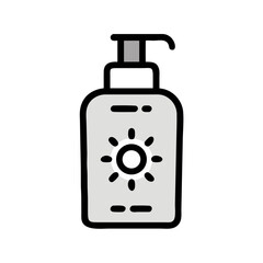 Vector art of a simple, clean icon representing a bottle of sunscreen with a sun symbol on it, isolated on a
