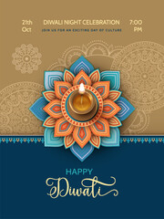 Happy Diwali design with copper lamp and beautiful decorative mandala for banner, poster, greeting card on paper color background